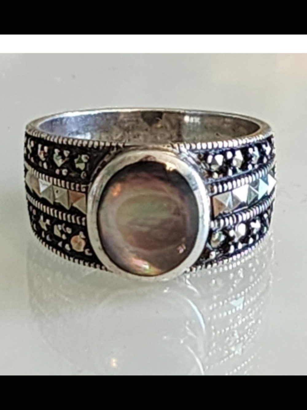 Sterling Silver Multi-Band Ring with Iridescent Marcasite Vintage Sz 9.5 Estate